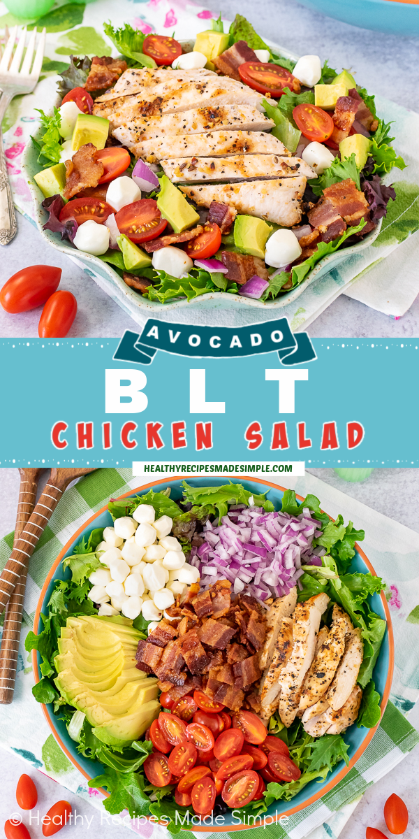 2 pictures of a BLT Chicken Salad collaged together with a blue text box.