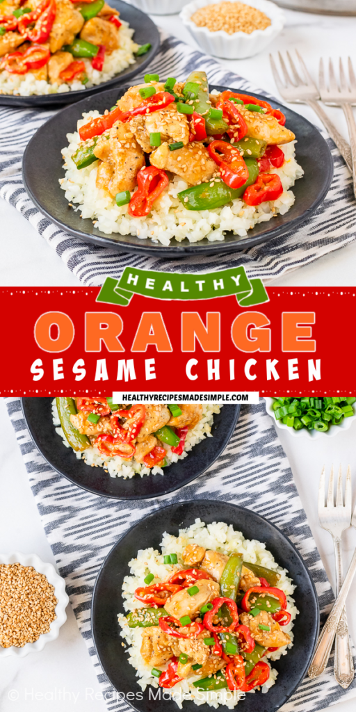 Two pictures of orange sesame chicken collaged together with an orange text box.