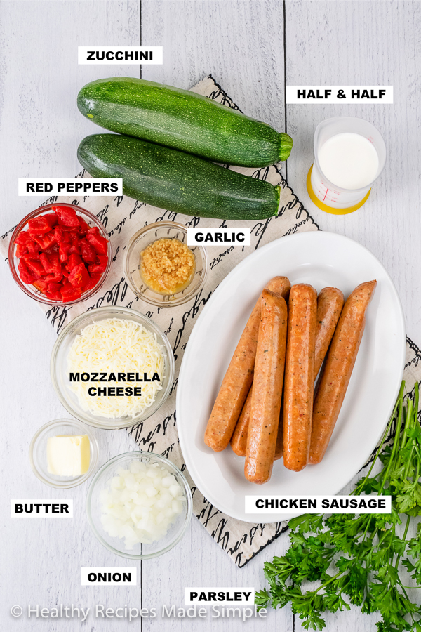 Ingredient images for the chicken sausage zucchini alfredo recipe.