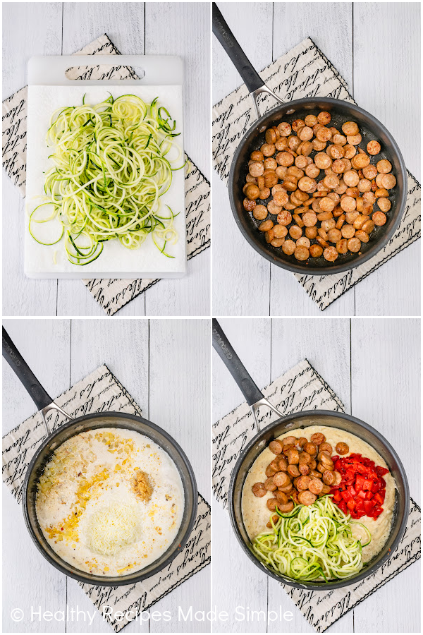 4 picture collage of the zucchini alfredo with chicken sausage recipe.
