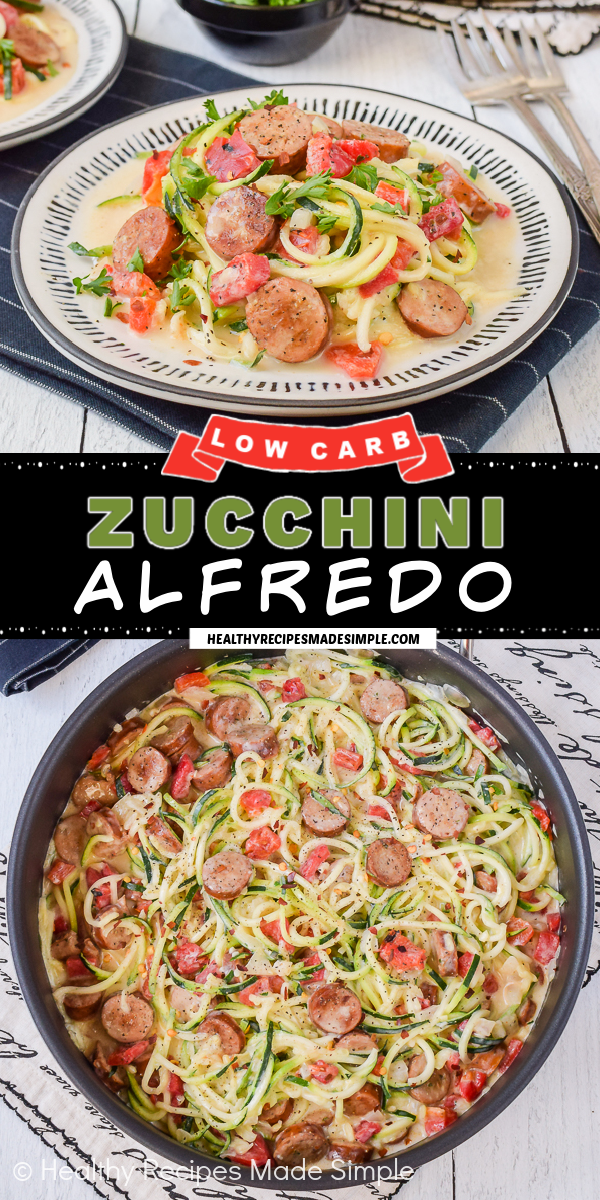 Collaged picture of Zucchini Alfredo with a text box dividing it.