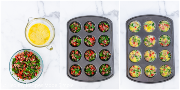 Overhead shot of 3 pictures of keto egg muffin cups in a muffin tin.