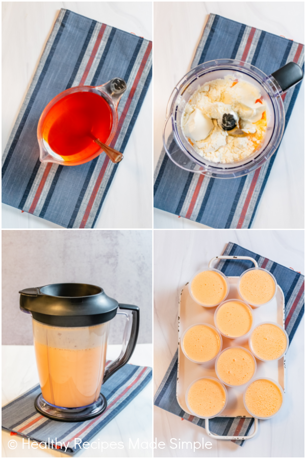 4 picture collage of how to make orange protein jello.