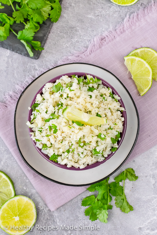 Overhead shot of a bowl of Cilantro Lime Cauliflower Rice.
