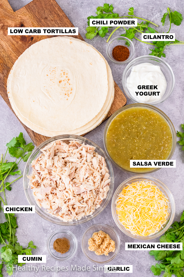 Overhead shot of all the ingredients for salsa verde chicken enchiladas.