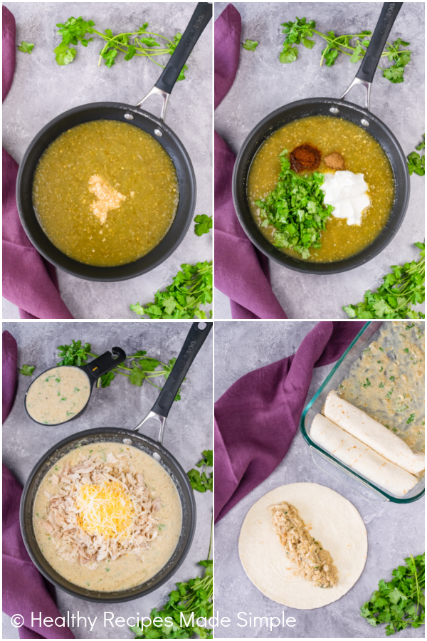 Process pictures on how to make salsa verde chicken enchiladas.