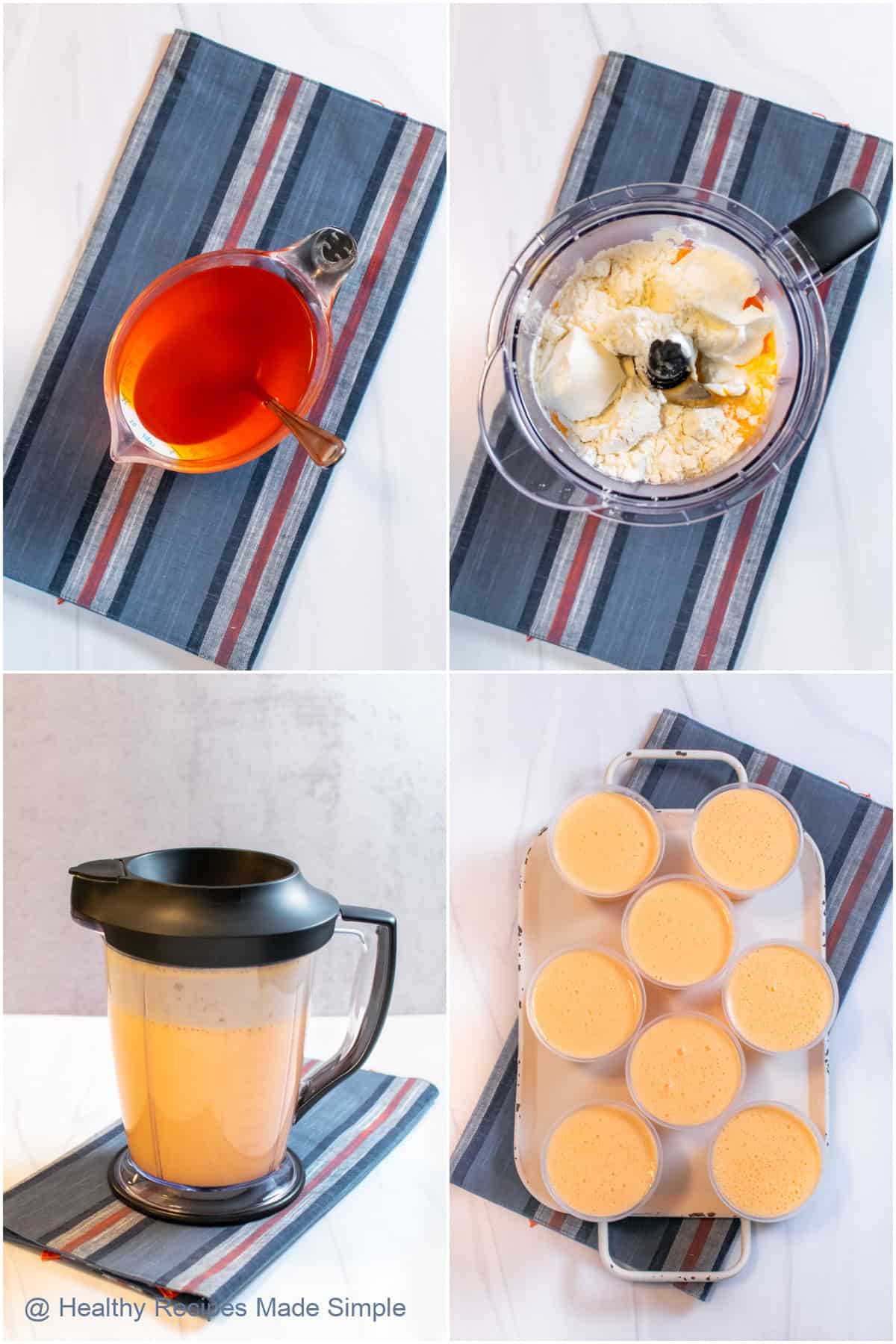 Four pictures collaged together showing how to make high protein Jello desserts.