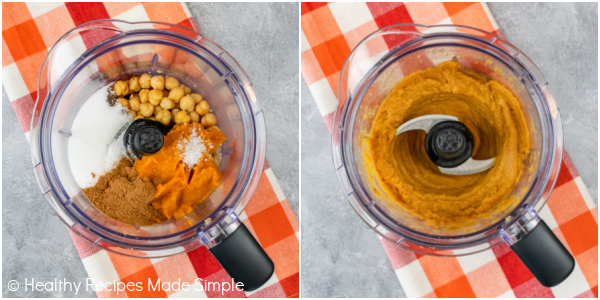 2 pictures of pumpkin hummus in a blender. 