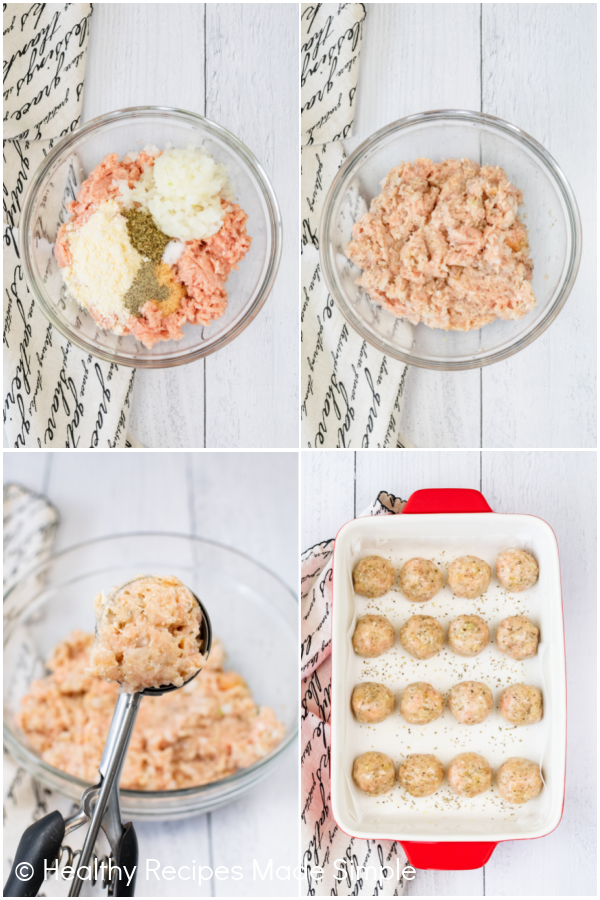 4 pictures showing the process of making chicken meatballs.