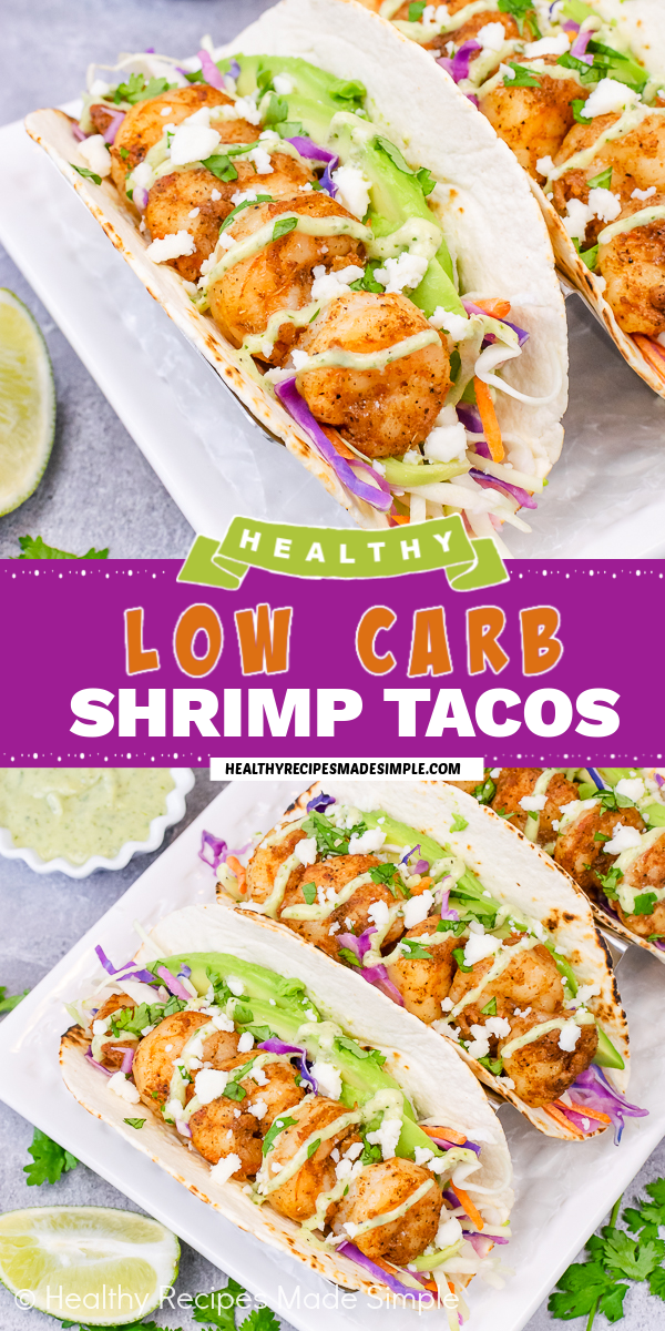 2 pictures of shrimp tacos on a white plate separated by a purple text box.