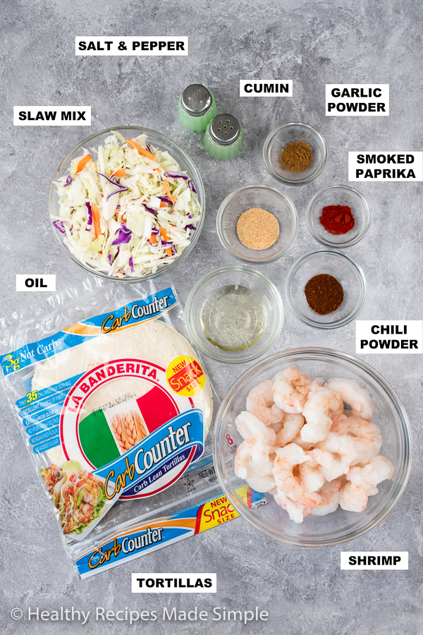 List of ingredients for shrimp tacos.