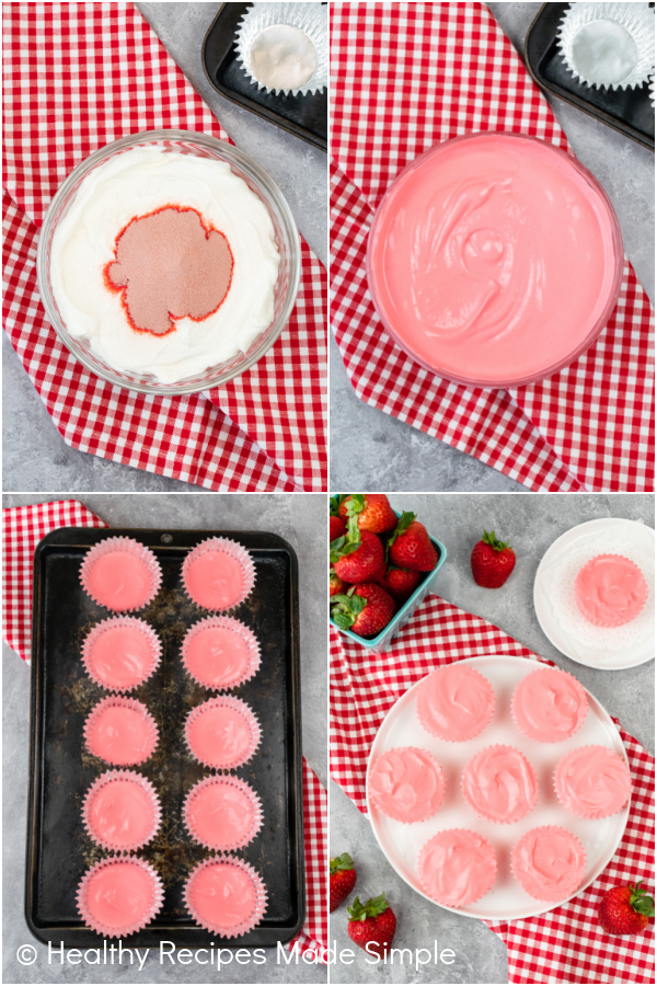 4 pictures on how to make strawberry jello yogurt bites.