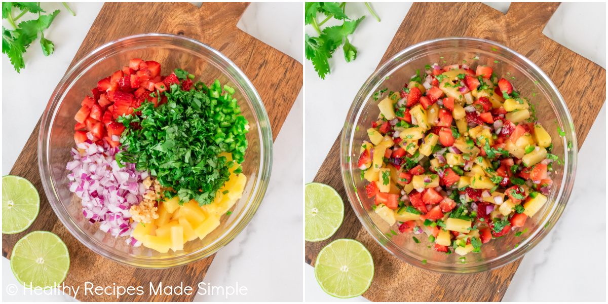 2 pictures of Strawberry Pineapple Salsa. One is ingredients, the other is all mixed together. 