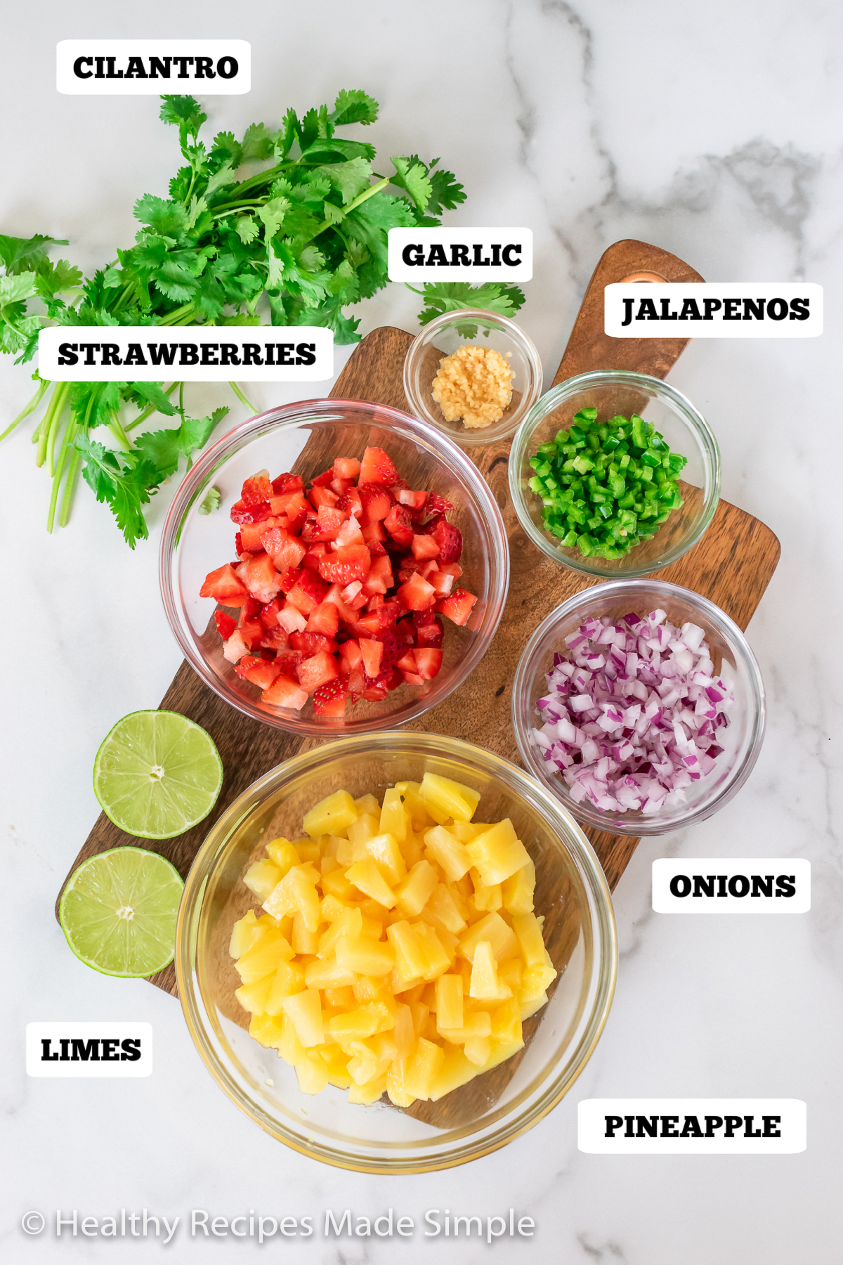 Ingredients needed for Strawberry Pineapple Salsa.