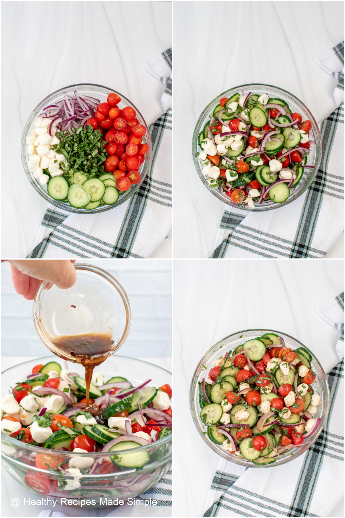 4 pictures showing how to make Tomato Cucumber Mozzarella Salad.