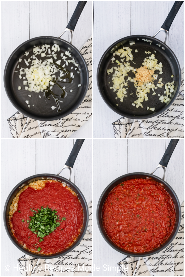 4 pictures of tomato sauce being made.