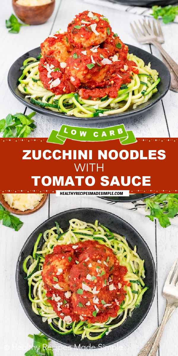 2 pictures of zucchini noodles and meatballs separated by a box of text.