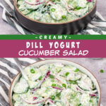 2 pictures of Dill Yogurt Cucumber Salad separated by a box of text.