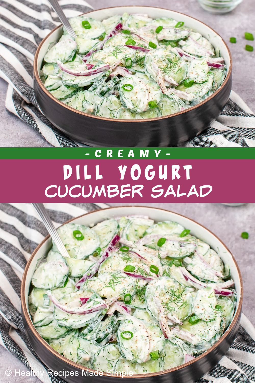 2 pictures of Dill Yogurt Cucumber Salad separated by a box of text.