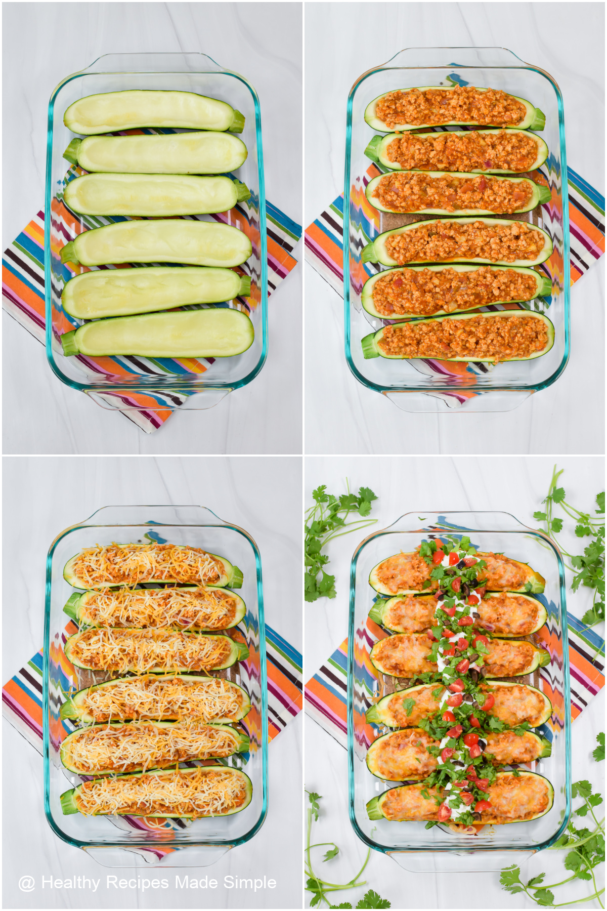 4 pictures of stuffed zucchini in a 9x13 pan.