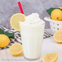 Lemon shake with a red straw in it.