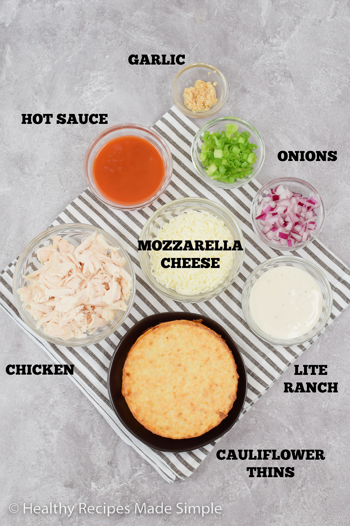 Ingredients needed for buffalo chicken pizzas.
