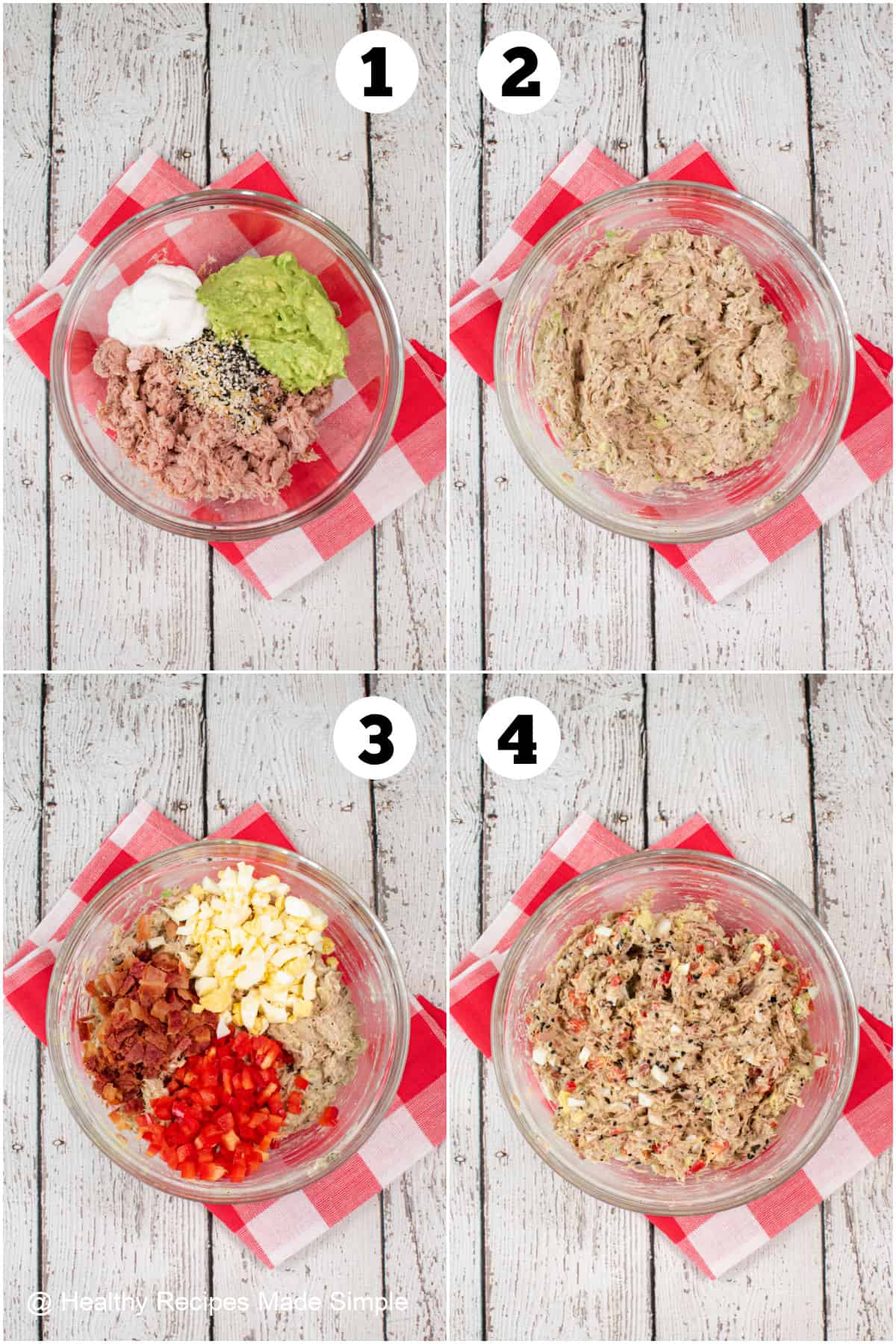 4 pictures showing how to make tuna salad.