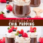 2 pictures of small clears jars filled with chocolate chia pudding.