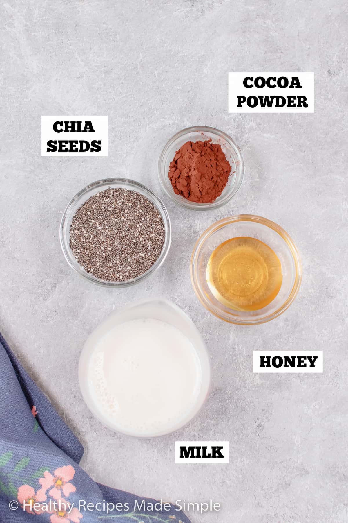 The 4 main ingredients for Chocolate Chia Pudding.