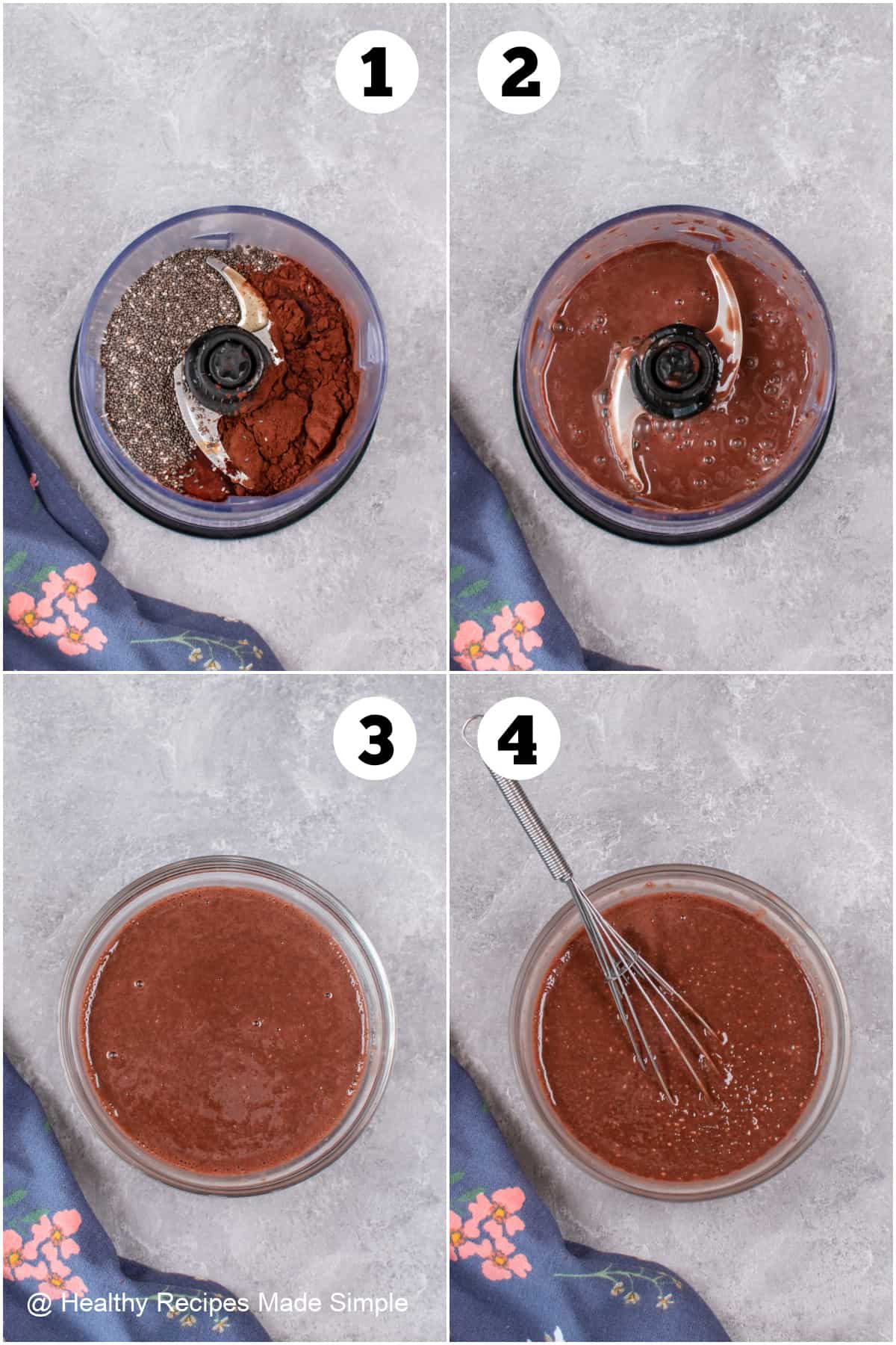 4 pictures showing how to make Chocolate Chia Pudding.