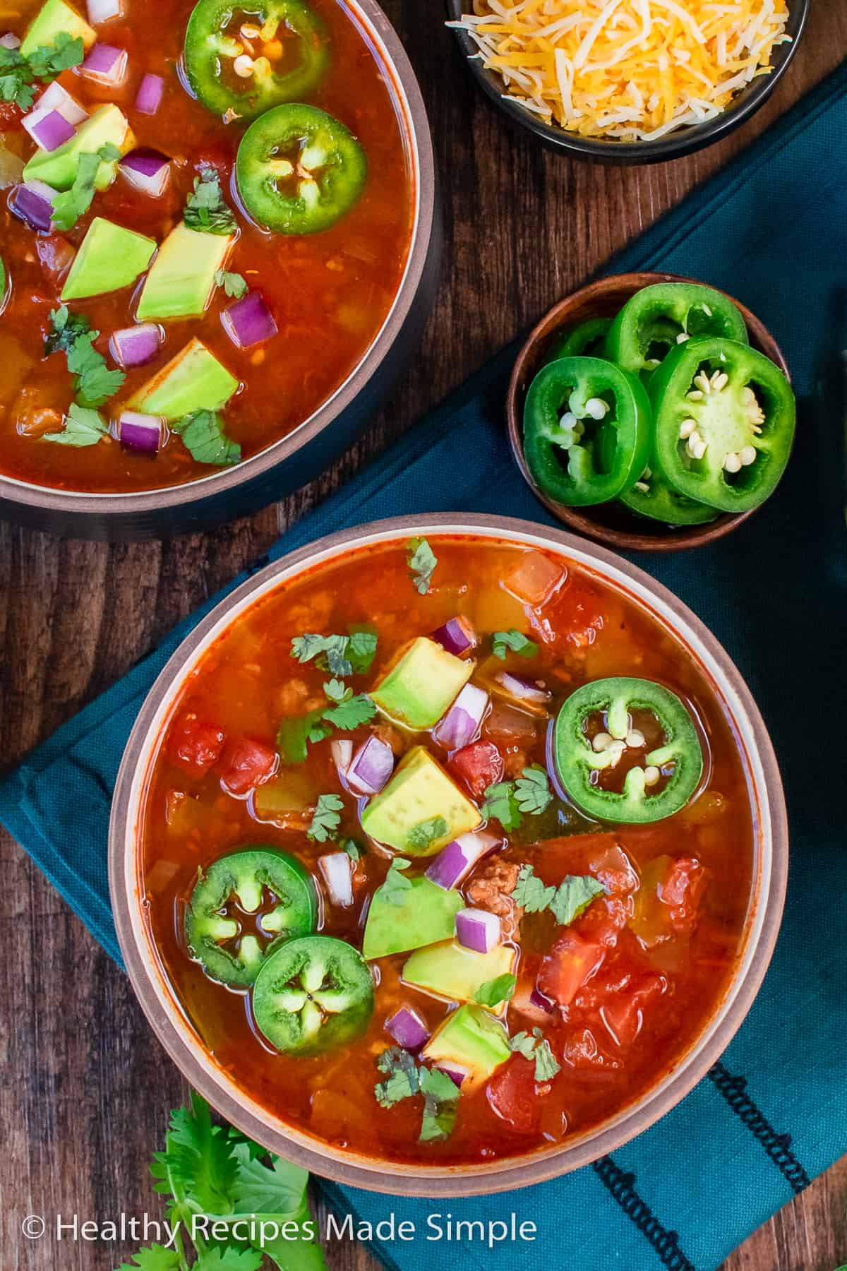 An above picture of a bowl of red no bean chili.