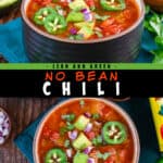 2 pictures of no bean chili separated by a box of text.