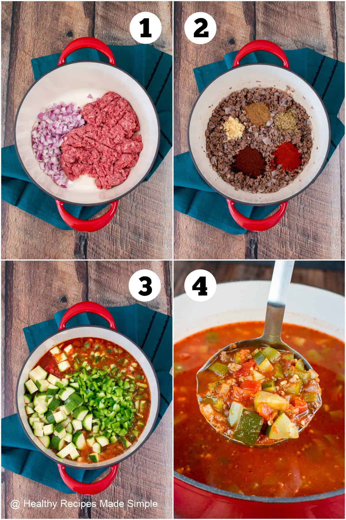 4 pictures of showing how to make no bean chili.
