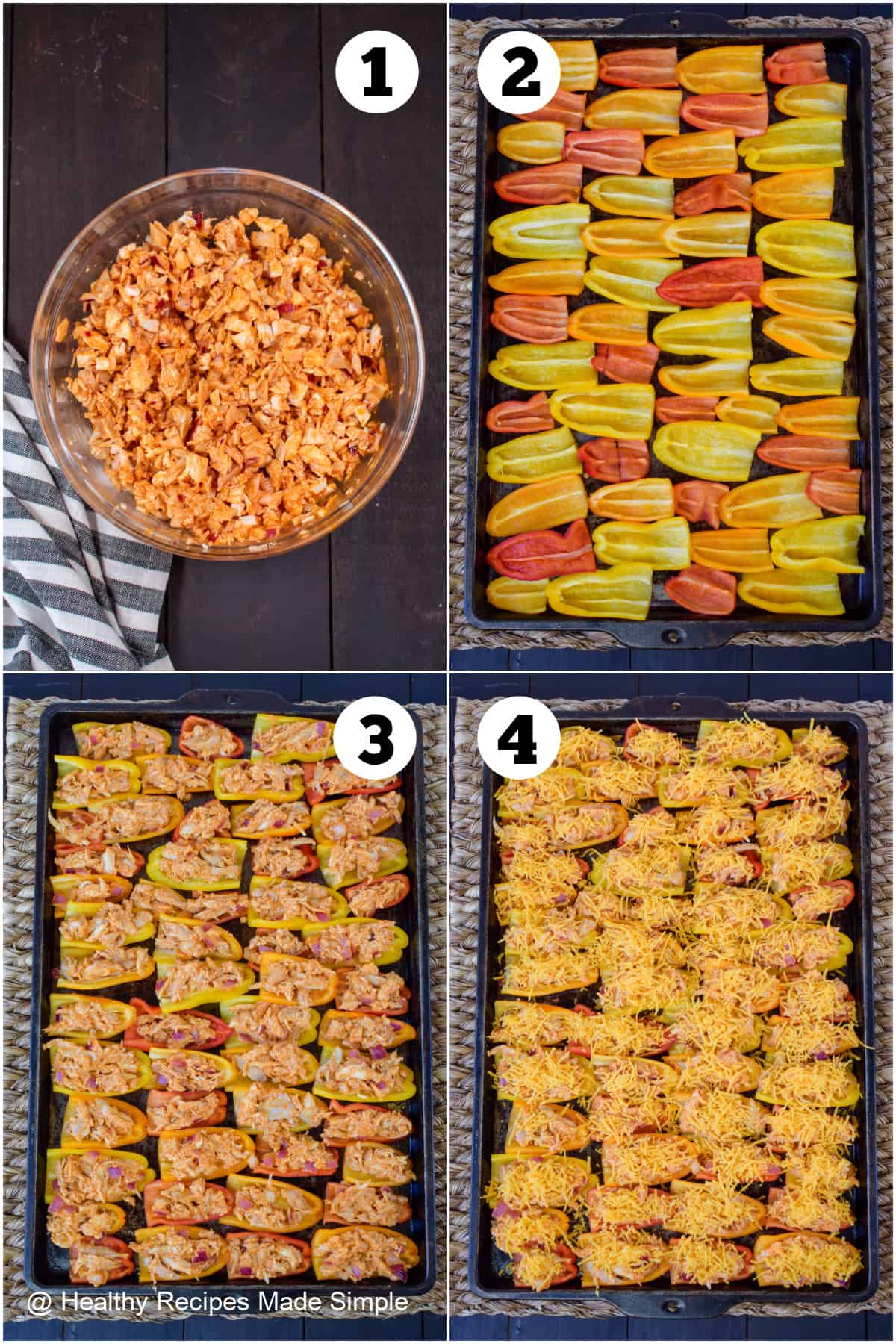 4 picture showing how to make buffalo chicken low carb nachos.