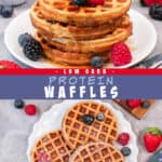Two pictures of low carb protein waffles with a blue text box.