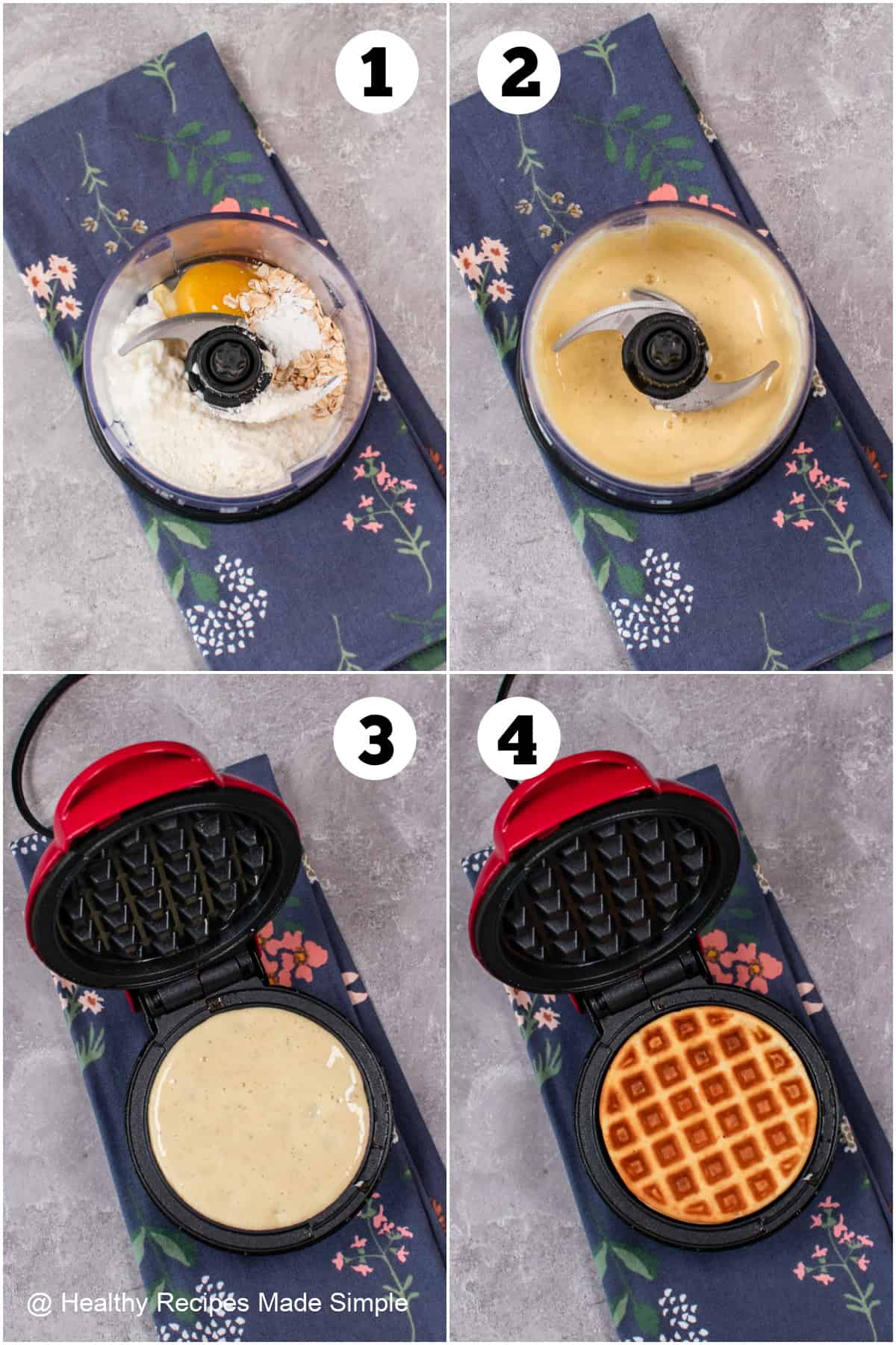 Four pictures showing how to make low carb waffles.