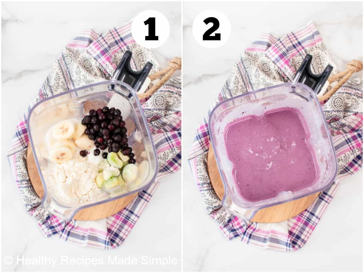 2 side by side pictures showing a before and after of smoothie ingredients.