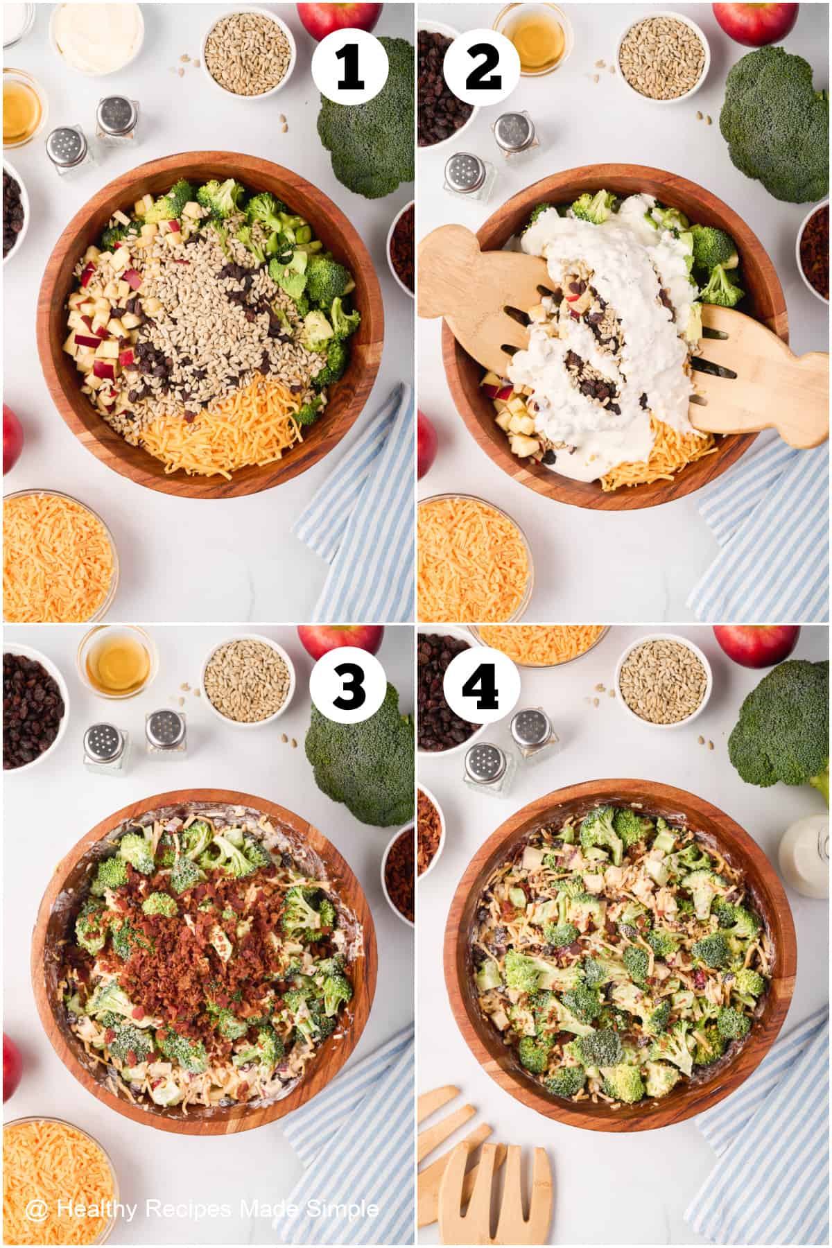 4 pictures showing how to make broccoli crunch salad.