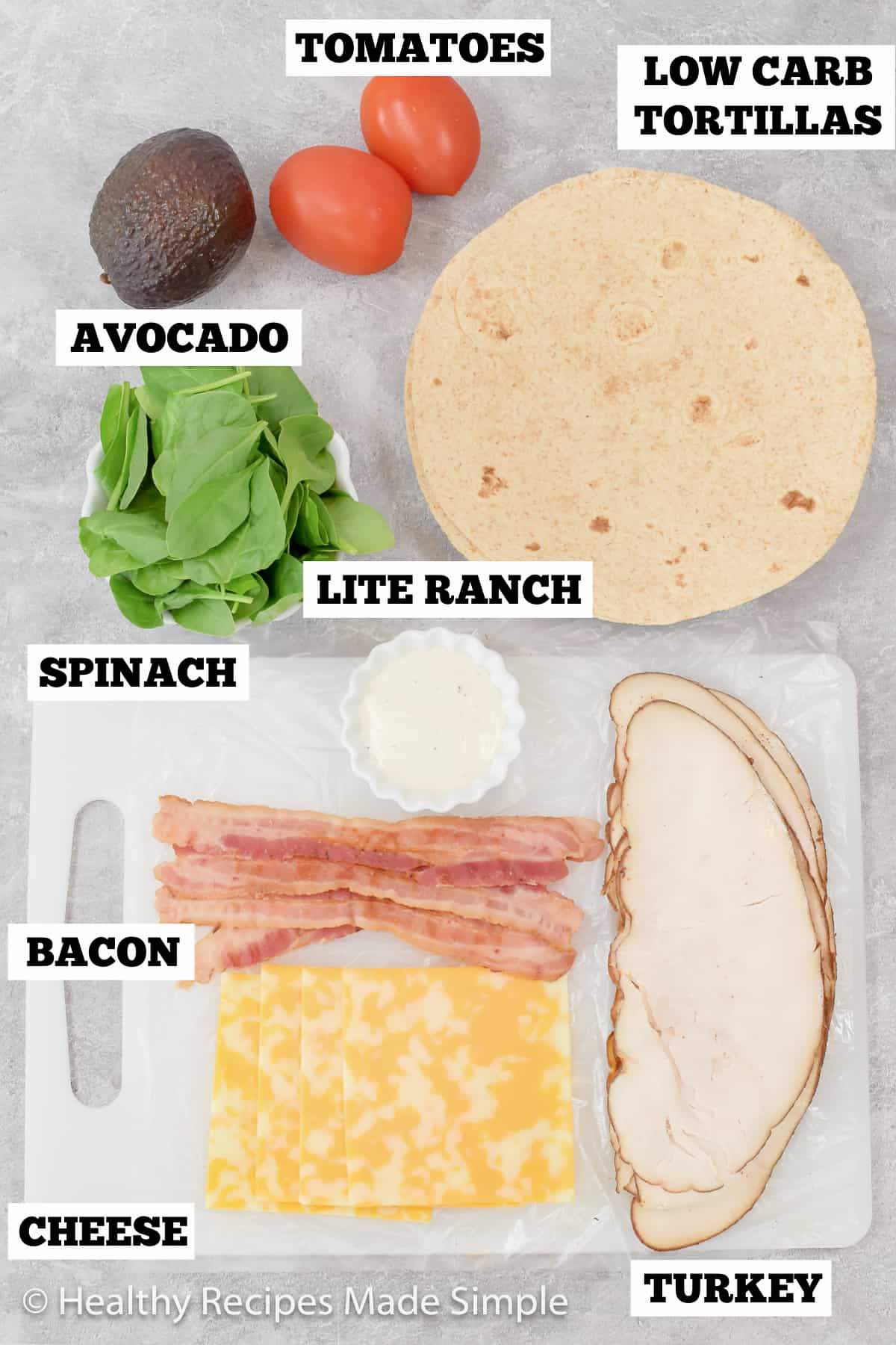 Overhead picture of all the ingredients needed for a low carb turkey wrap.