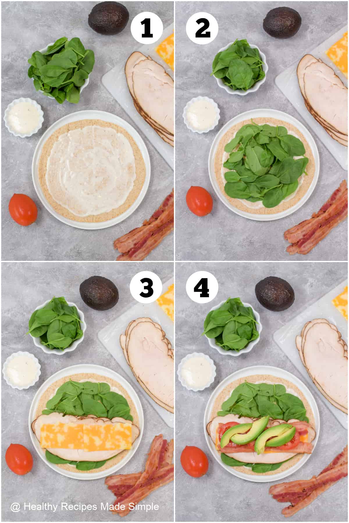 4 pictures number 1-4 showing how to make a turkey wrap.