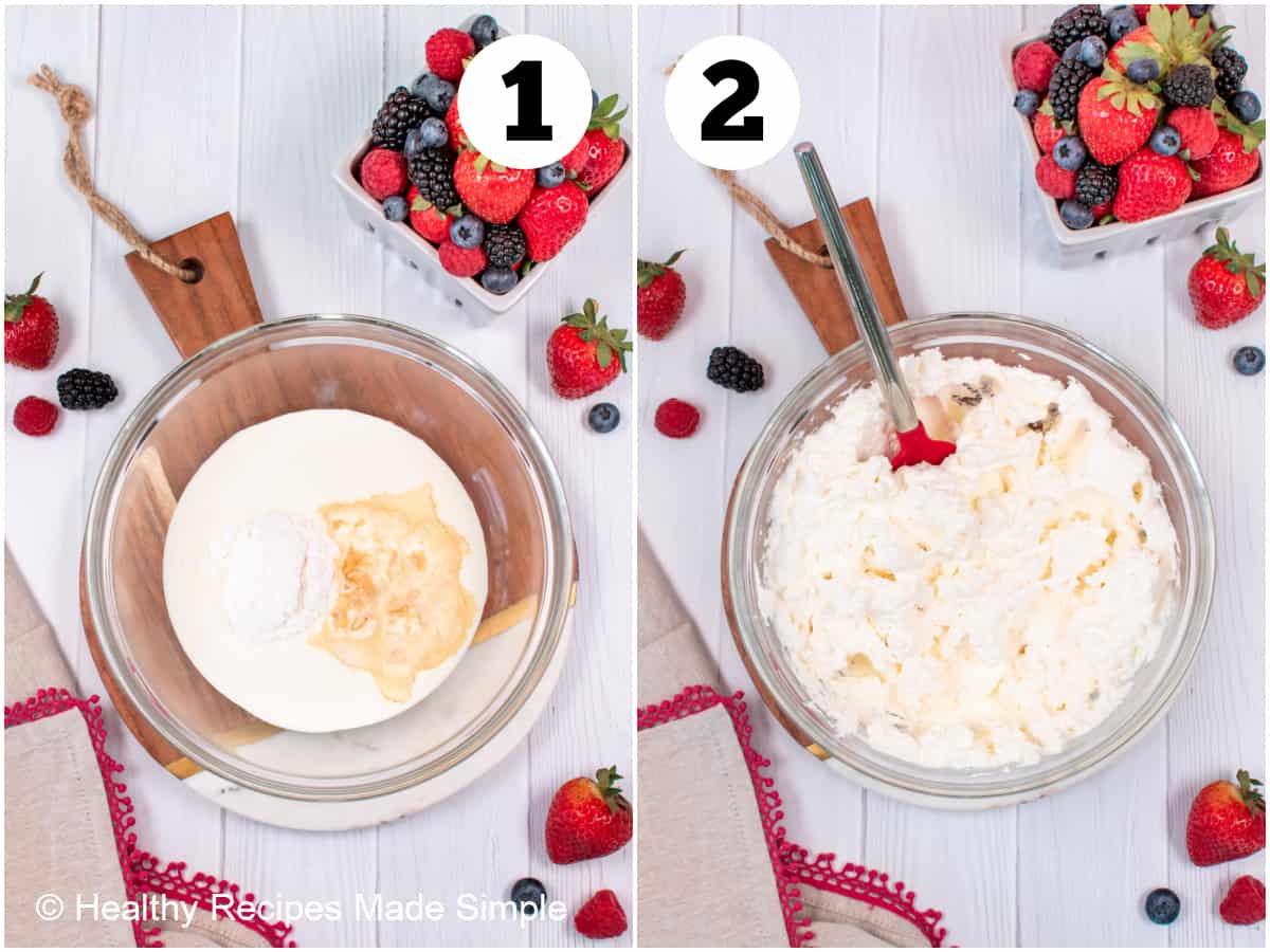 2 pictures showing how to make sugar free whipped cream.