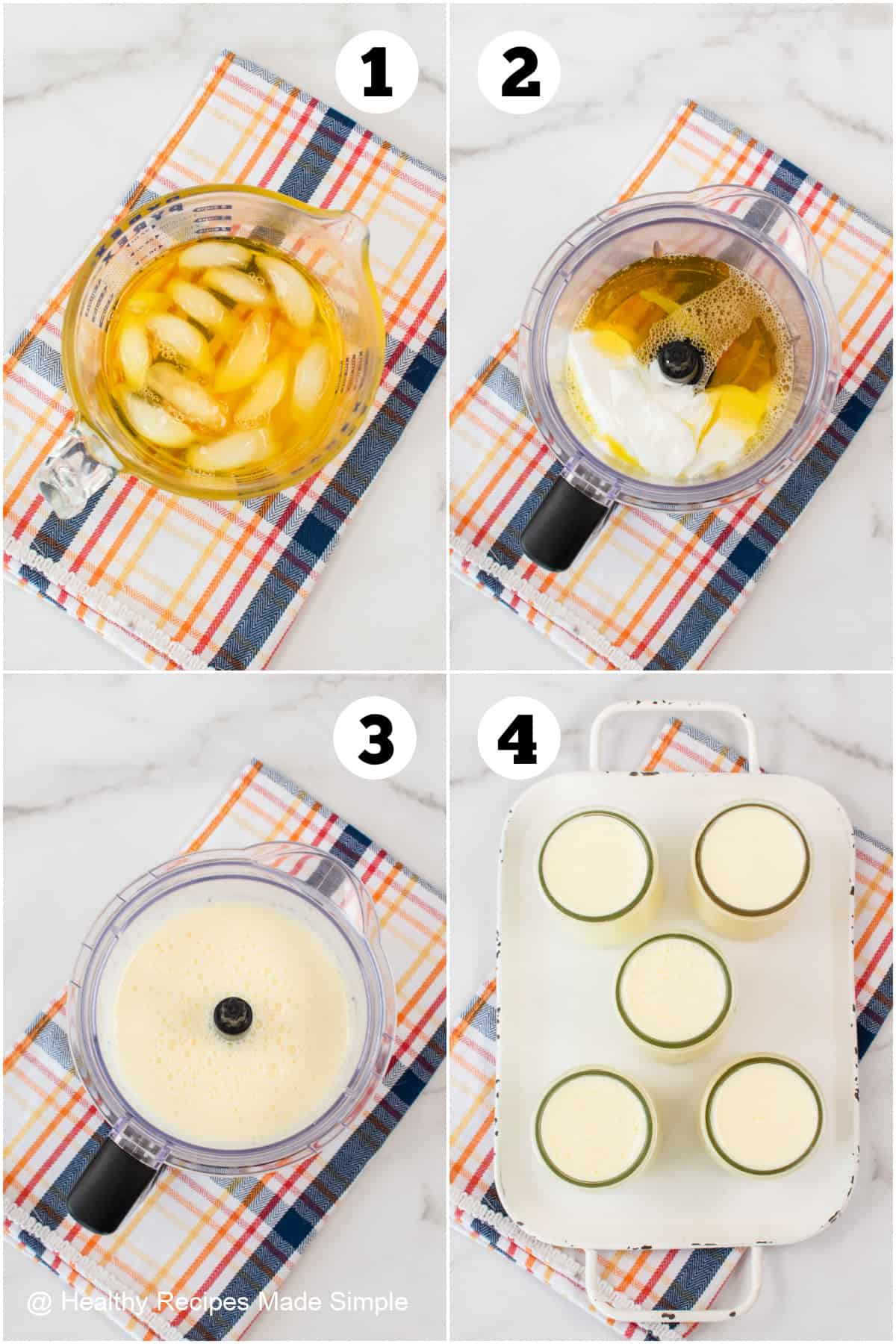 Four pictures collaged together showing how to make creamy Jello cups.