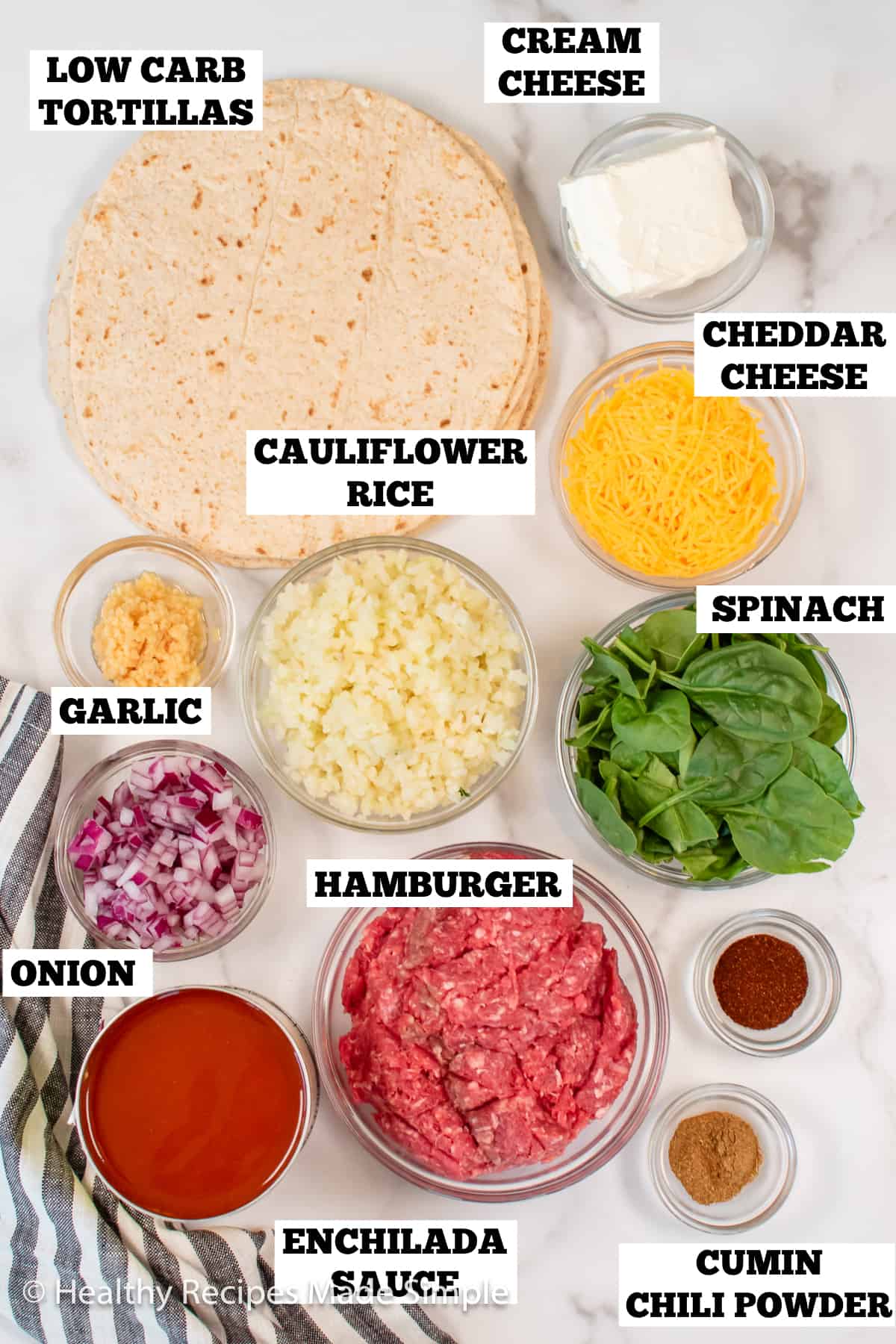 All the ingredients needed for making low carb beef enchiladas.