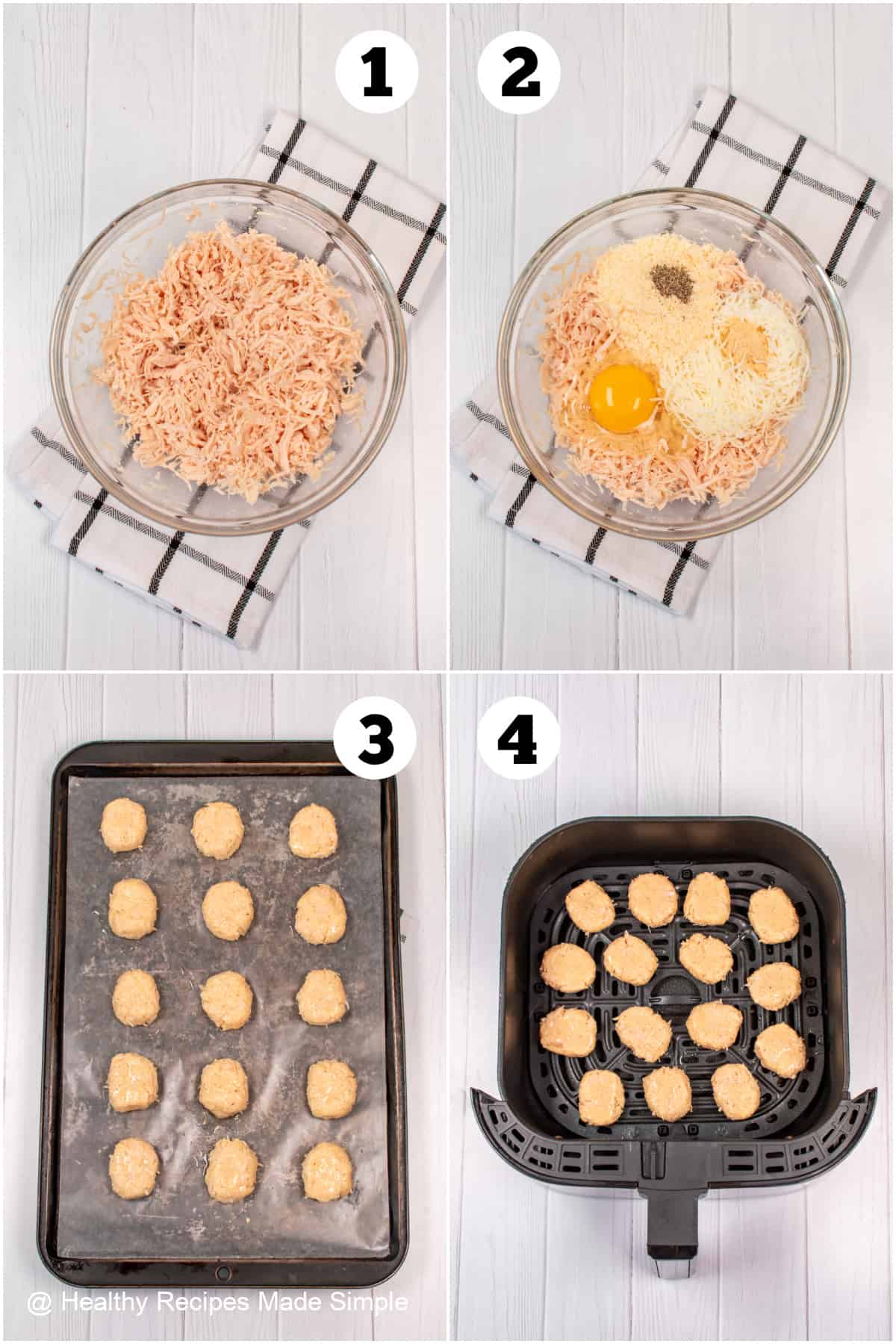 Four pictures showing how to make canned chicken nuggets in an air fryer.