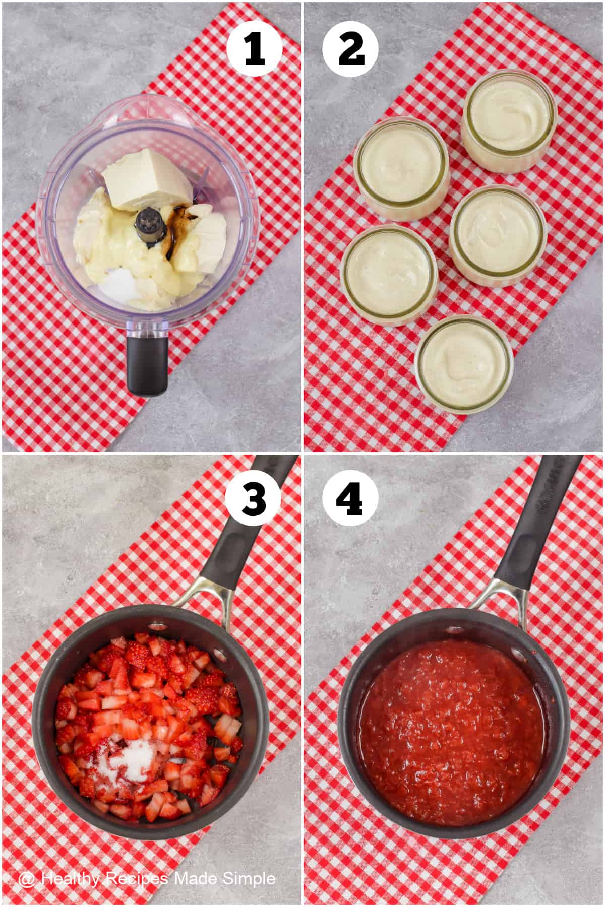 Four pictures collaged together showing how to make homemade plant pudding with berries.
