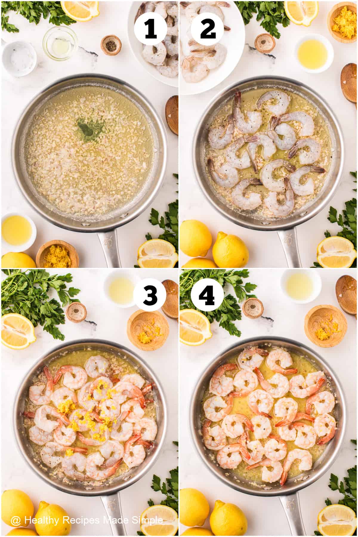 Four pictures showing how to cook shrimp in a skillet.