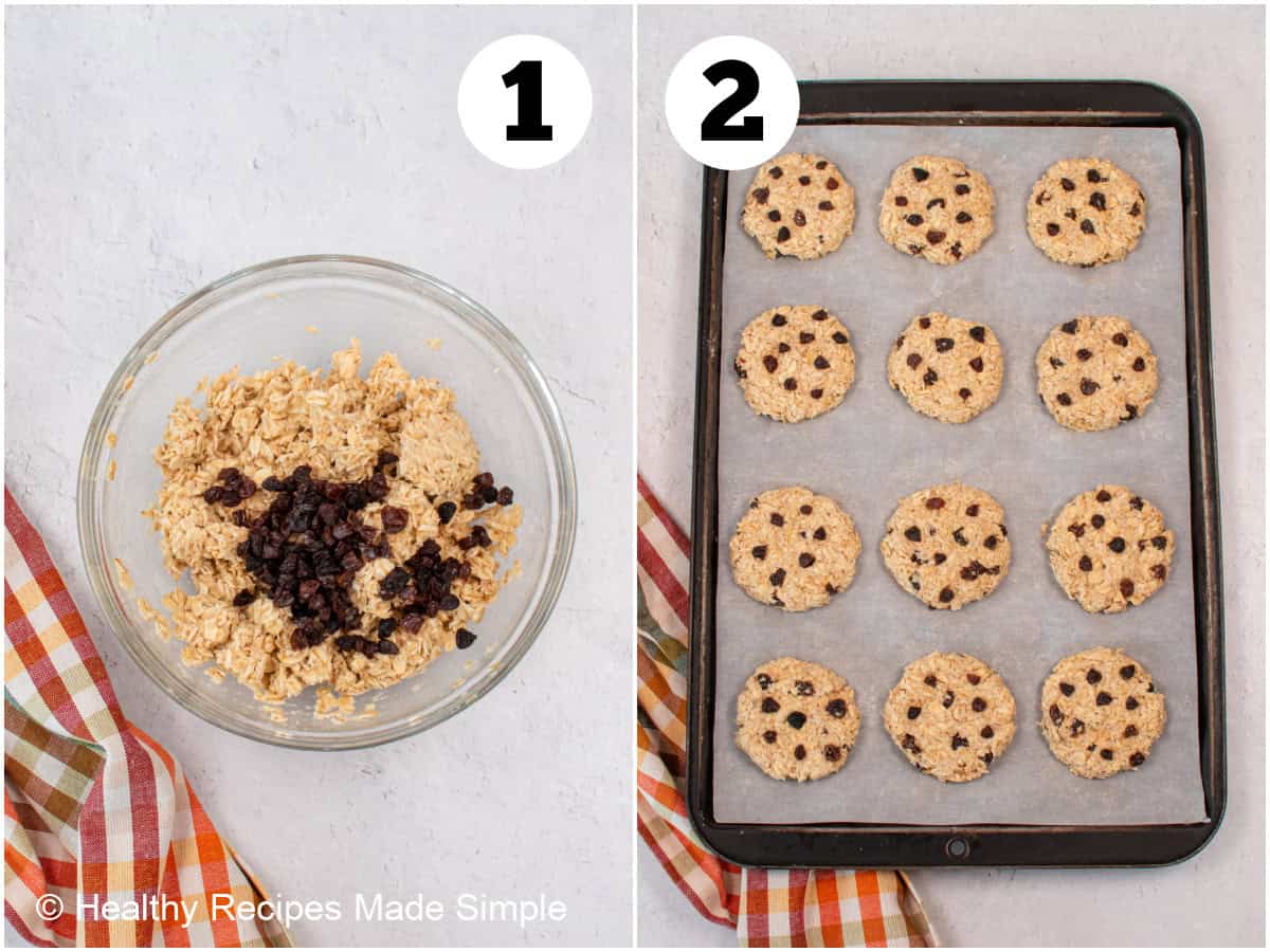 Two pictures collaged together showing how to make oat raisin cookies with 3 ingredients.