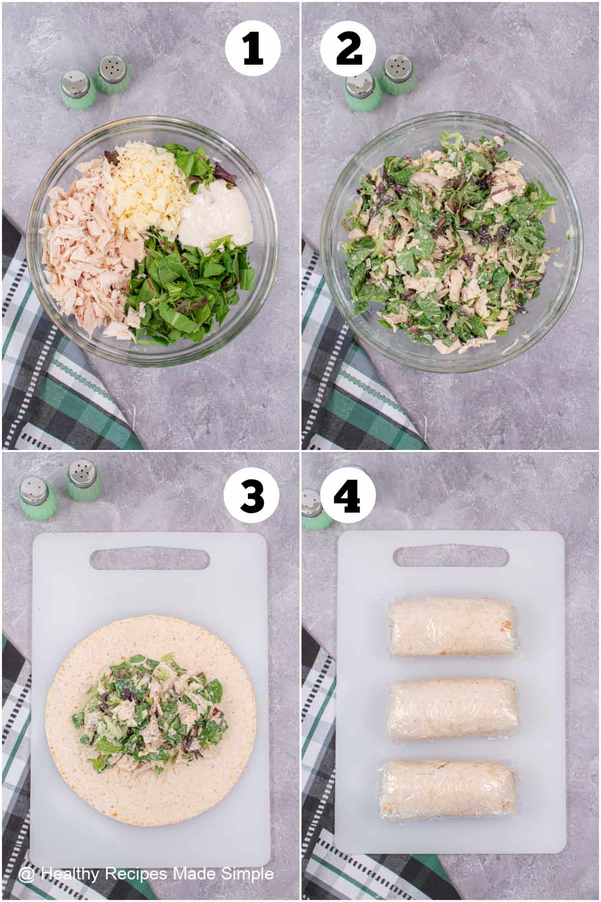 Four pictures collaged together showing how to make wraps.