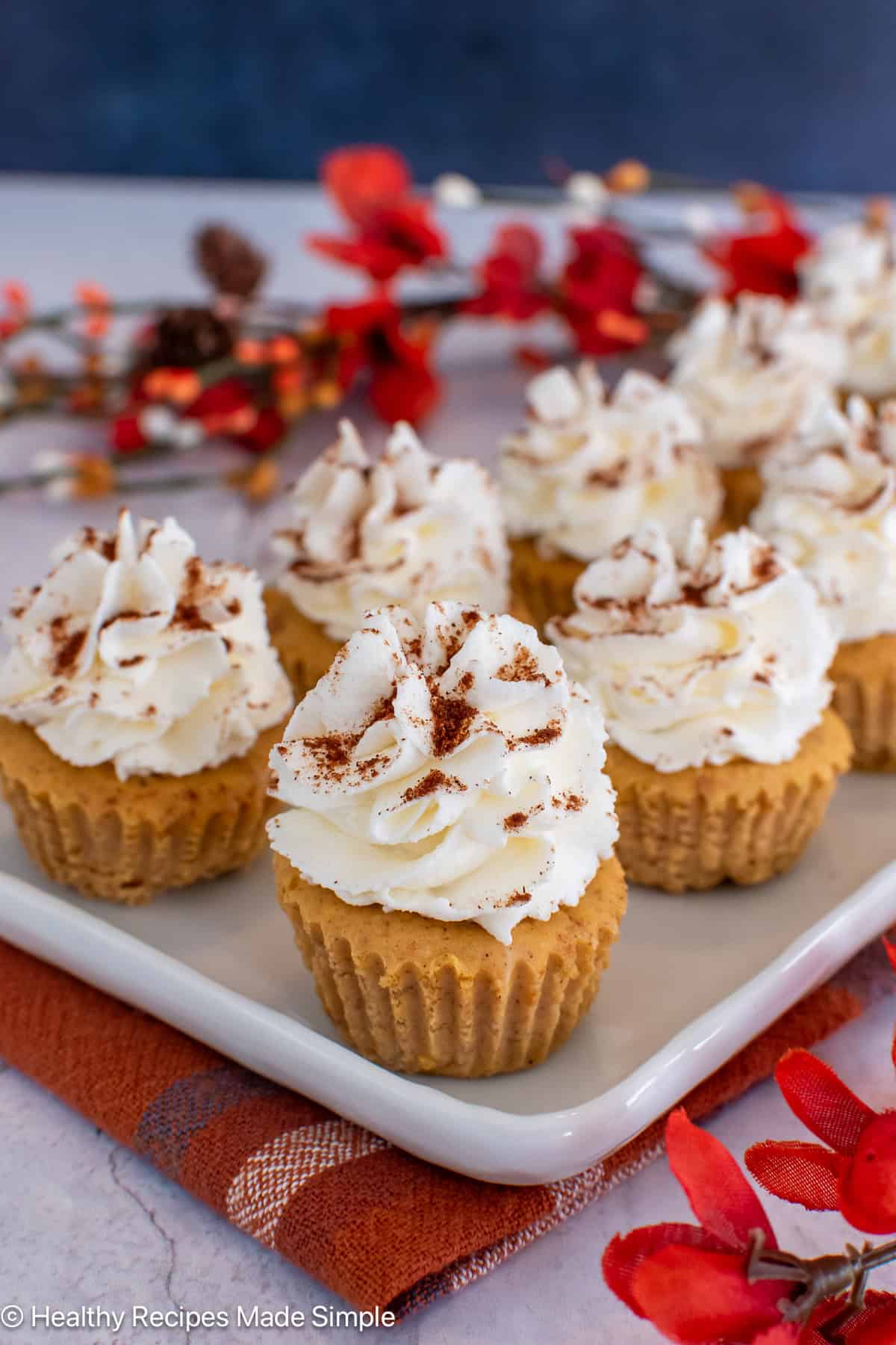 Crustless cheesecakes with whipped cream on a white plate.