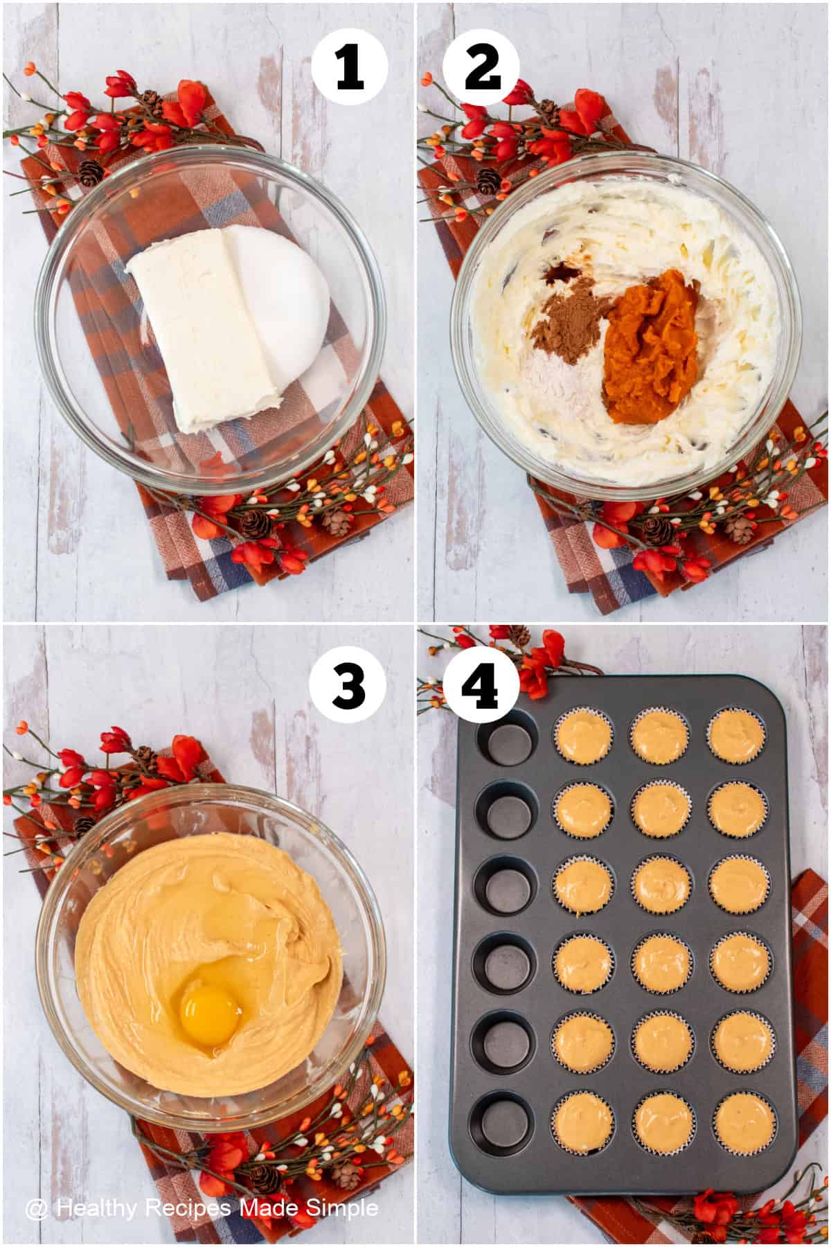 Four pictures collaged together showing how to make mini cheesecake bites.